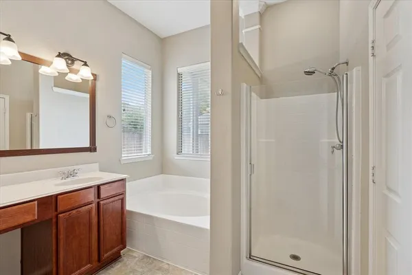 a bathroom with a tub sink and mirror