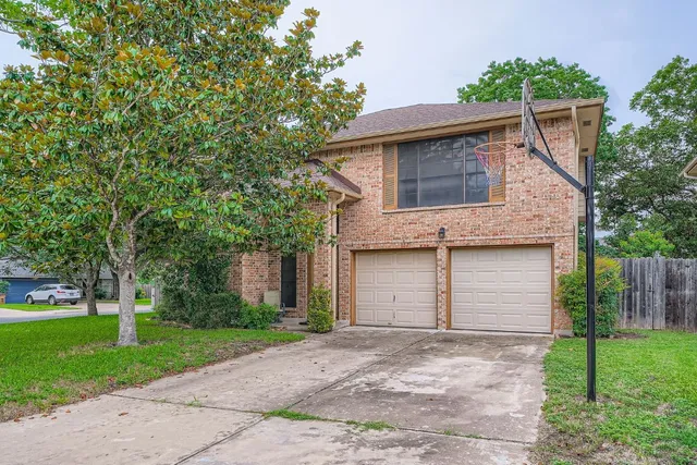 a backyard of a house with plants and tree