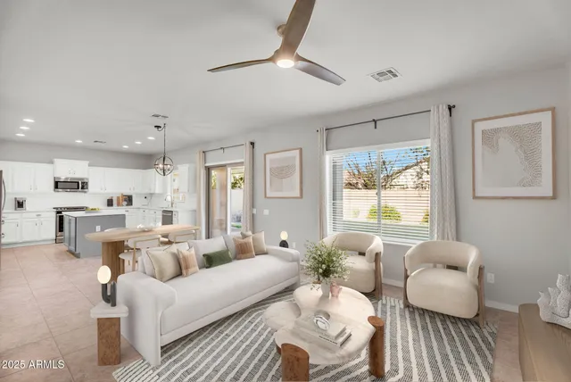 a living room with furniture and a potted plant