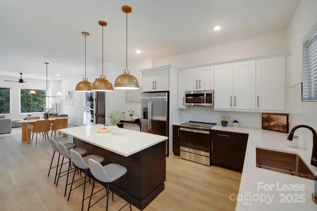 a kitchen with stainless steel appliances a counter a sink a stove and cabinets