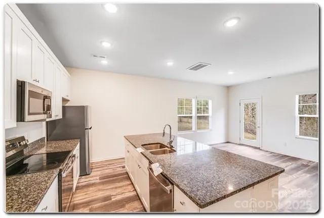 a kitchen with stainless steel appliances granite countertop a stove and a sink