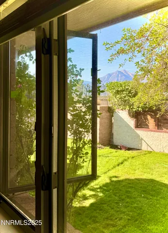 a view of a backyard with plants and large trees