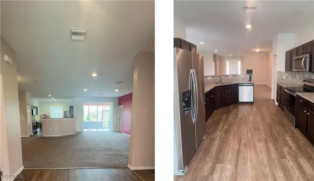 a view of kitchen with furniture and wooden floor