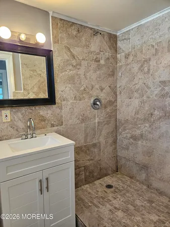 a bathroom with a sink a mirror and a shower