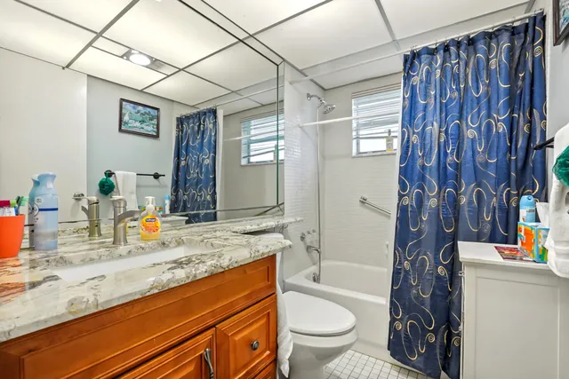 a bathroom with a granite countertop sink a toilet and shower
