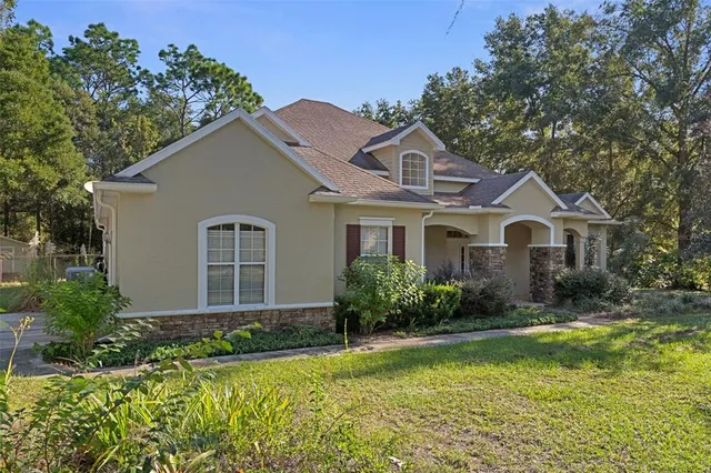 an aerial view of a house with a yard and large tree