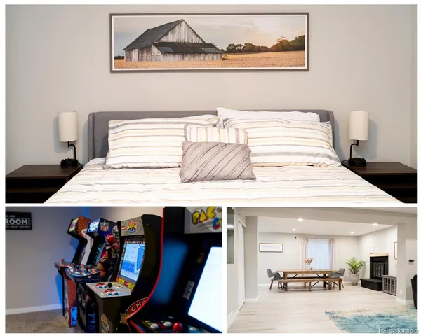 a bedroom with a bed and flowerpot