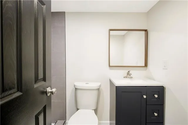 a bathroom with a toilet a sink and mirror