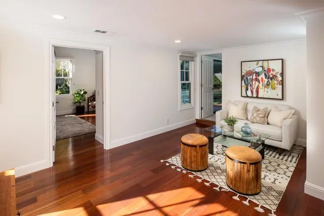a living room with furniture and a potted plant