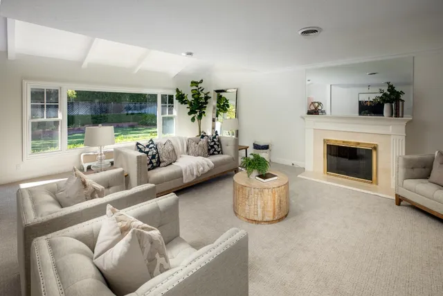a living room with furniture and a fireplace