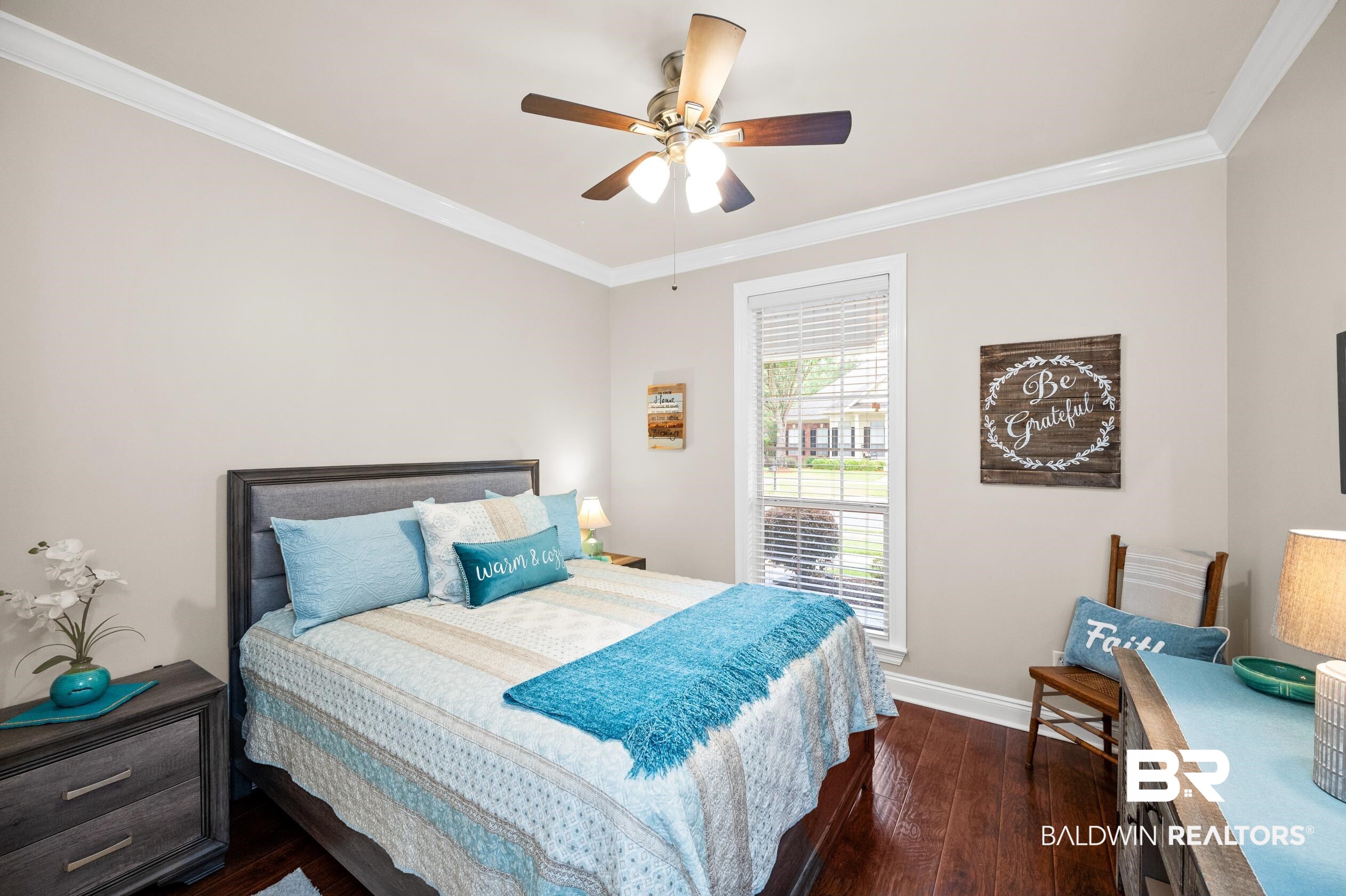 29614 St George Street Daphne, AL 36526 - Photo 30 of 42 Bedroom with ornamental molding, ceiling fan, and dark wood-type flooring