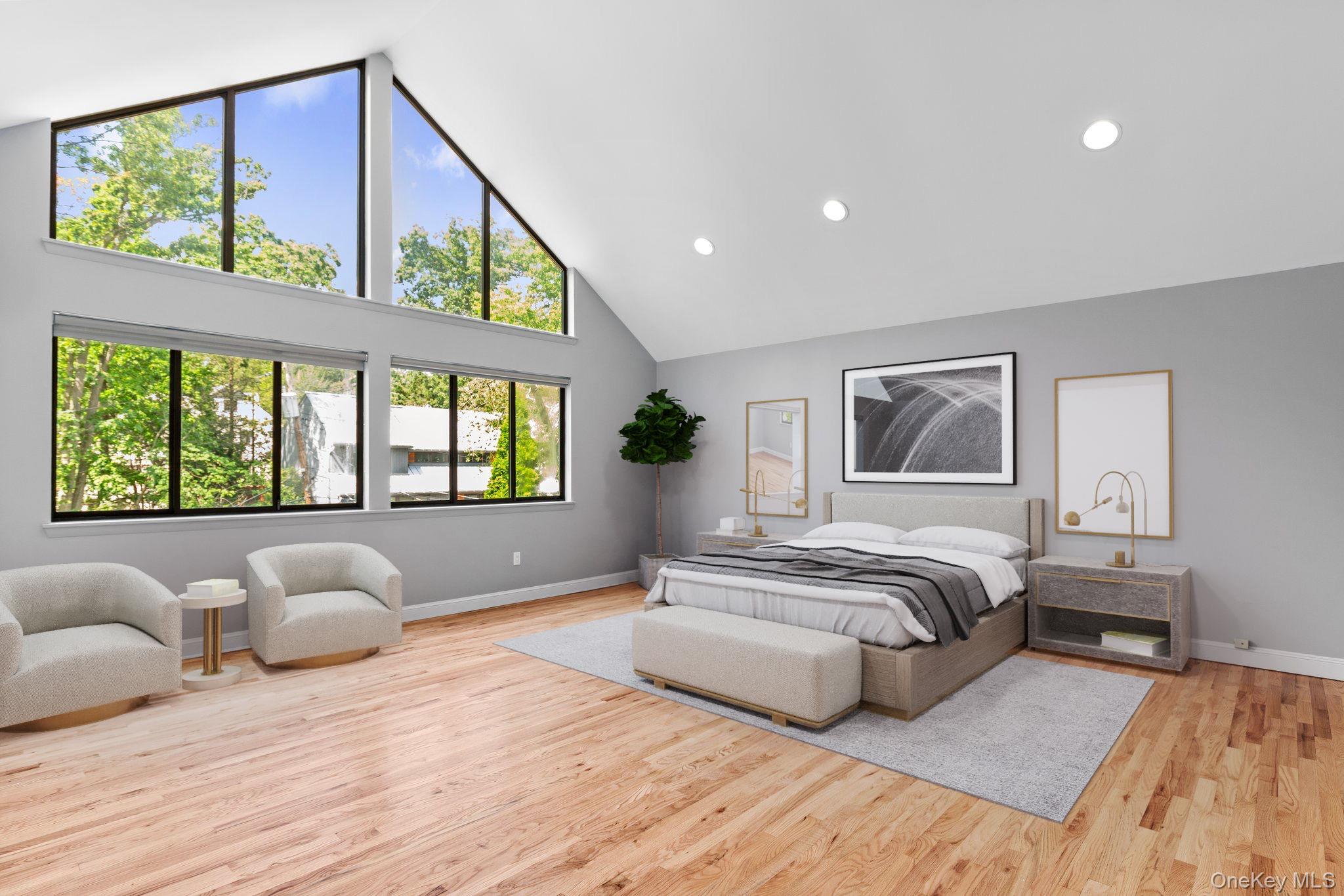 27 Stone Cabin Road New Rochelle, NY 10801 - Photo 16 of 24 Bedroom featuring baseboards, light wood-type flooring, high vaulted ceiling, and recessed lighting (virtually staged)