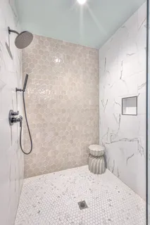 a bathroom with a shower and a toilet