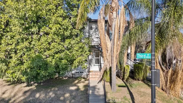 a view of a yard with plants and trees