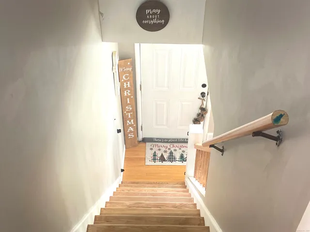 a view of a bathroom with a small window