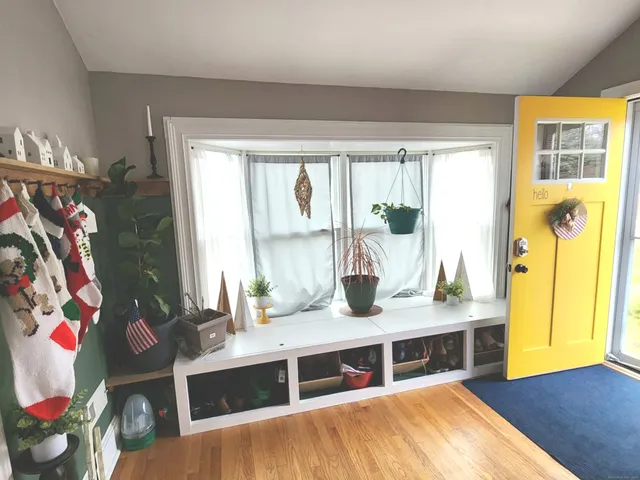 a living room with large window