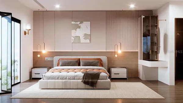 a bedroom with a bed and a night stand