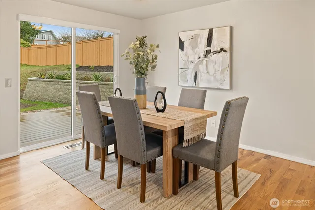 a view of a dining room with furniture window and wooden floor