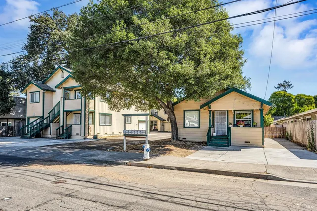 a front view of a house with a garden and tree