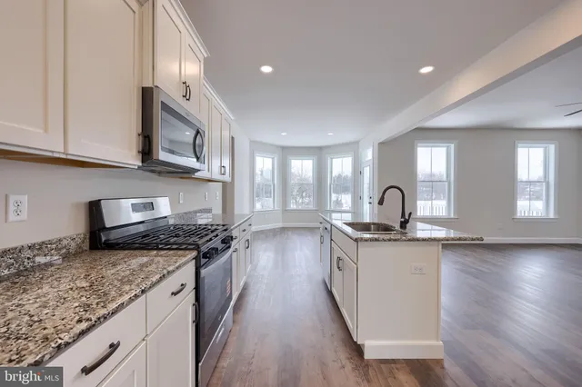 a kitchen with stainless steel appliances granite countertop a stove a sink and a wooden floors