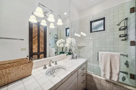 a bathroom with a sink mirror and a shower