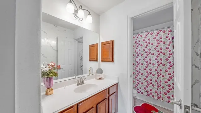 a bathroom with a sink and a mirror