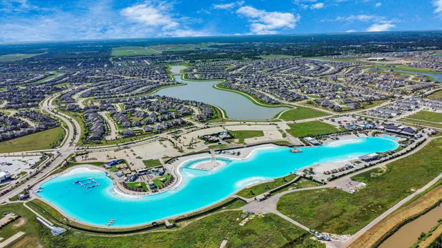 an aerial view of a swimming pool
