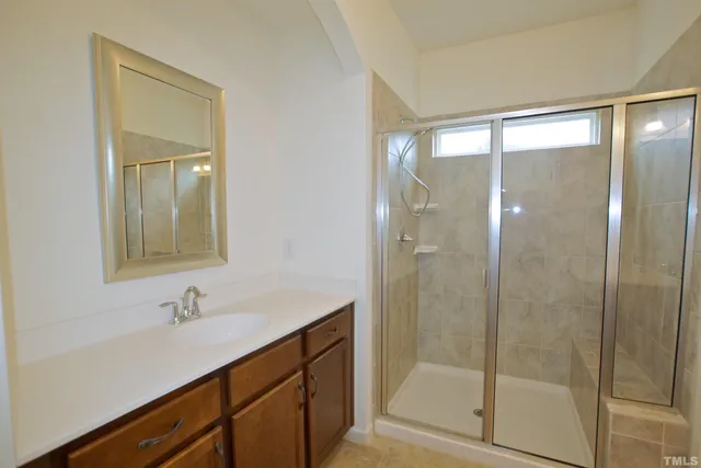 a bathroom with a shower sink and mirror