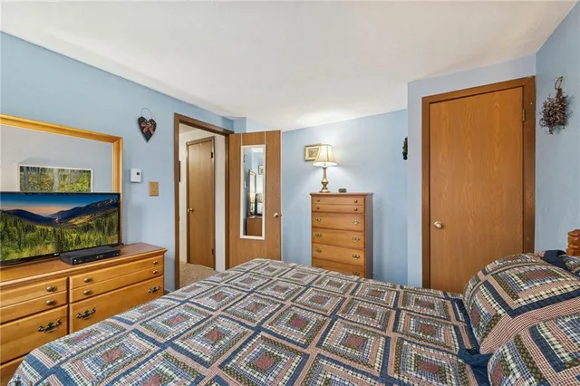 a bedroom with a bed and a dresser in it