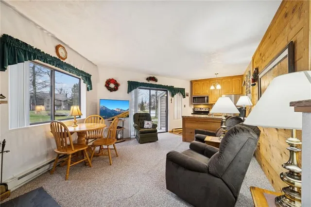a living room with furniture a fireplace and a floor to ceiling window