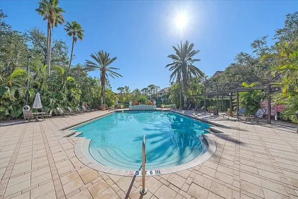 a view of a swimming pool with a yard and potted plants