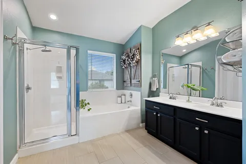 a bathroom with a tub a sink shower and mirror