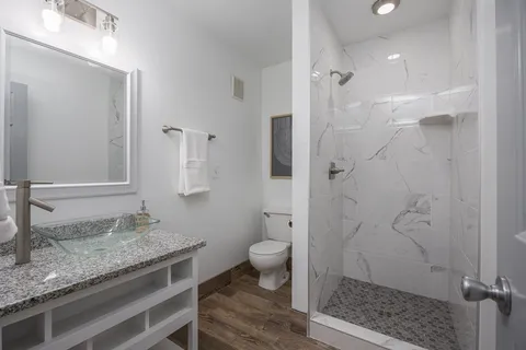 a bathroom with a granite countertop sink a toilet a shower and a mirror