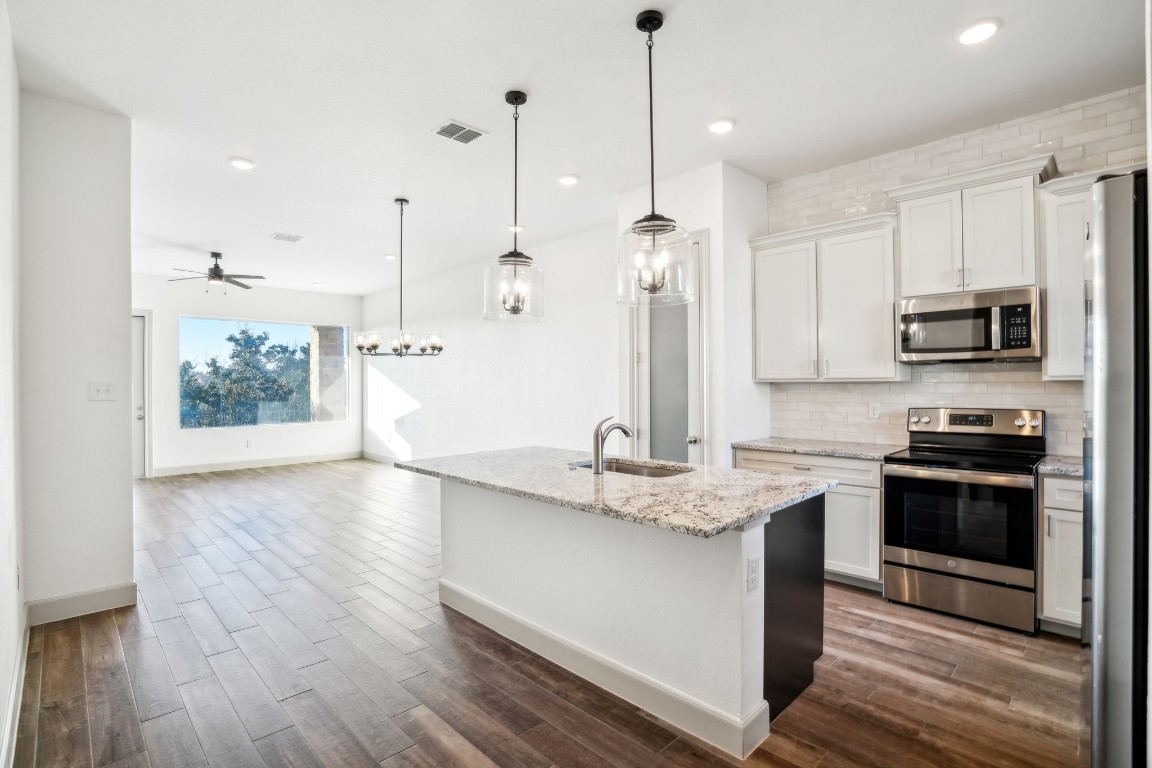 289 Star Grass Spring Branch, TX 78070 - Photo 15 of 39 a kitchen with stainless steel appliances granite countertop a sink a stove a refrigerator and a wooden floor