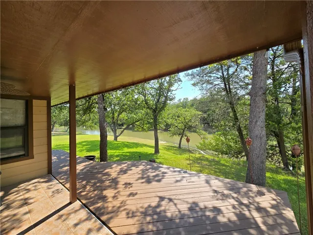 a view of backyard with large trees and plants