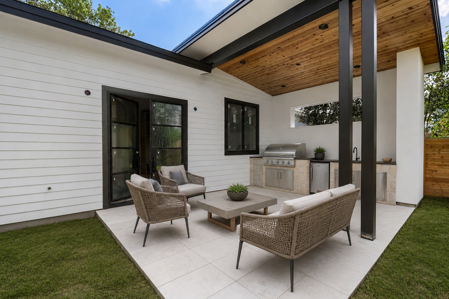 4603 Bucks Run Austin, TX 78744 - Photo 4 of 14 Outdoor patio featuring a built-in kitchen with stainless steel grill and sink, light-colored tile flooring, and a wood-paneled ceiling