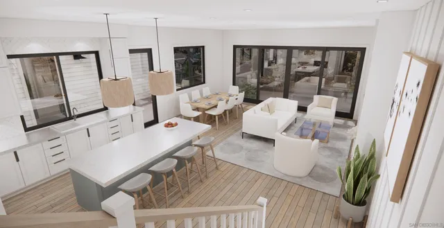 a living room with furniture large window and wooden floor