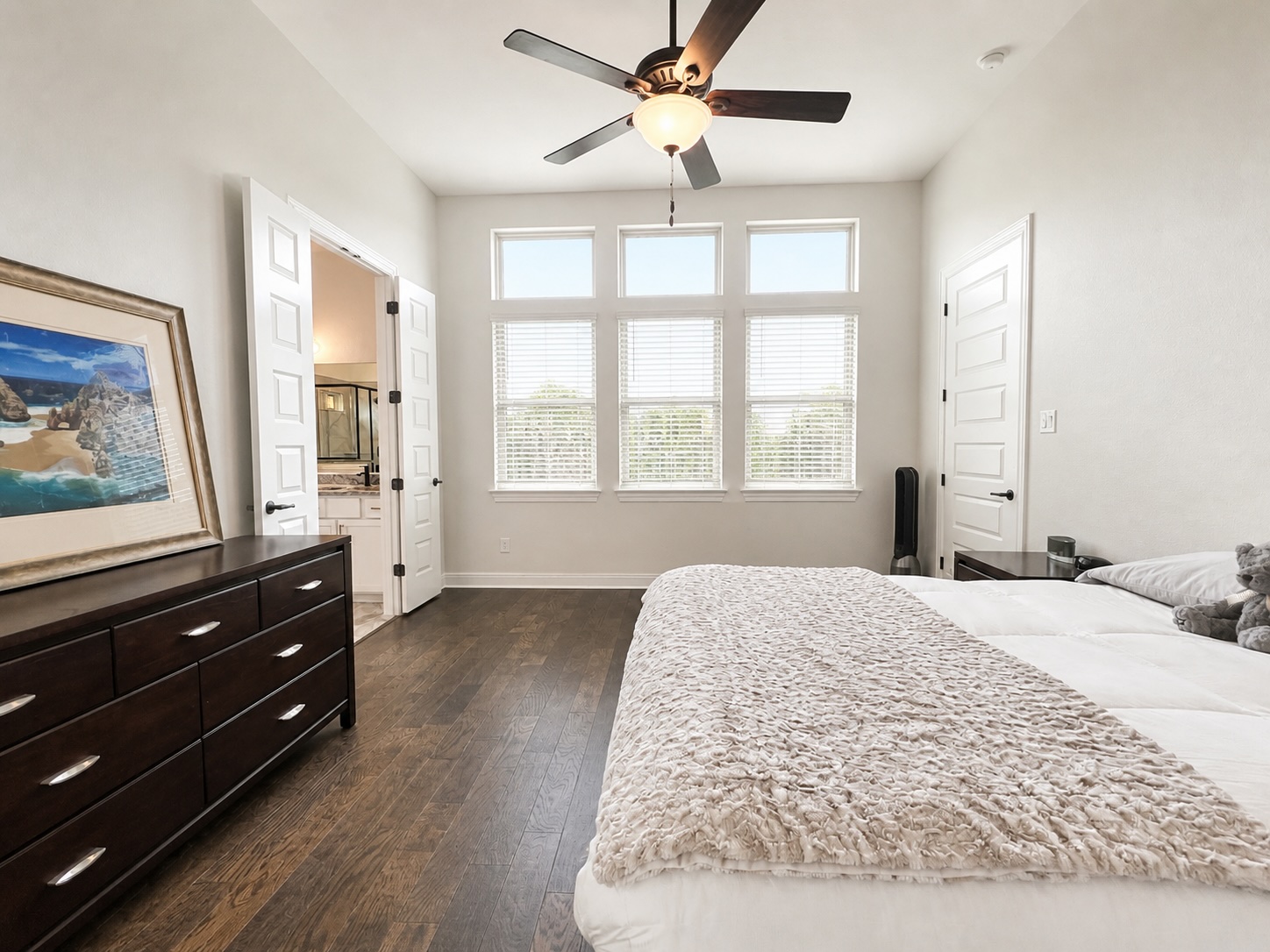 209 Rainier Drive Kyle, TX 78640 - Photo 8 of 24 Spacious room featuring wood-finish flooring, a contemporary ceiling fan, and multiple windows with upper transoms