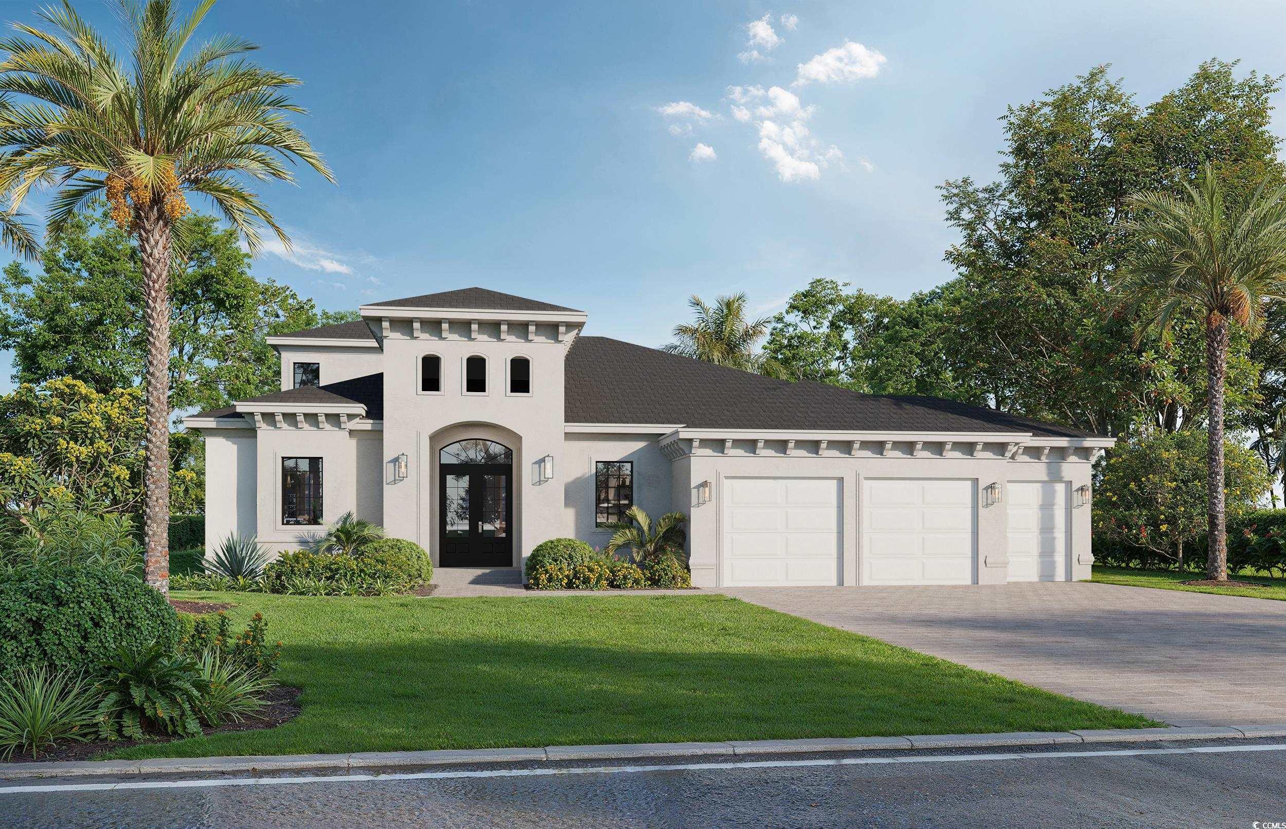 Mediterranean / spanish-style home featuring a front yard, stucco siding, a garage, french doors, and driveway