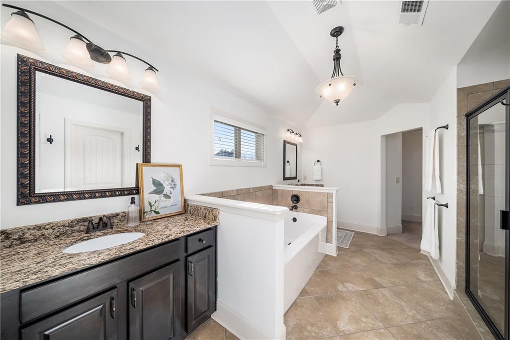 6660 Tulip Plantation Road Alpharetta, GA 30004 - Photo 29 of 68 a spacious bathroom with a granite countertop sink mirror and a shower