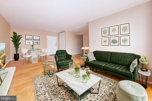 a living room with furniture a rug and a painting on the wall