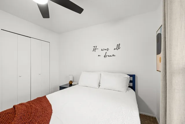 a bedroom with a bed and cabinets