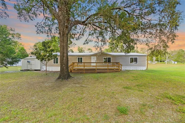 a view of a house with a yard and a large tree