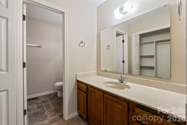 a bathroom with a sink a toilet and a mirror