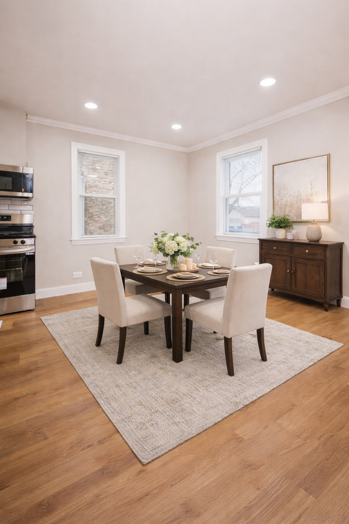 1156 West 102nd Street Chicago, IL 60643 - Photo 10 of 29 a dining room with wooden floor a glass table and chairs