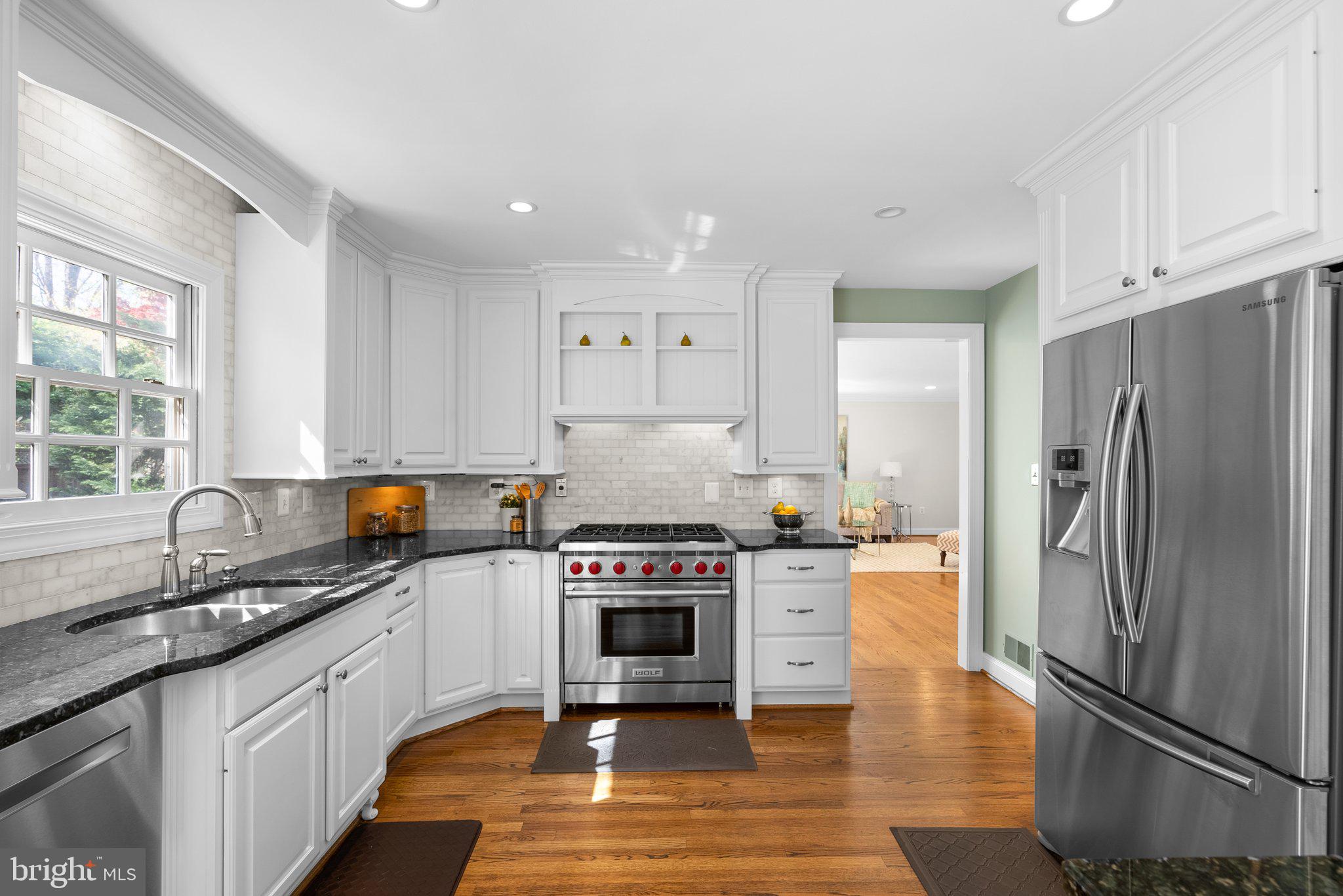 3106 Russell Road Alexandria, VA 22305 - Photo 14 of 62 a kitchen with stainless steel appliances a stove a sink a refrigerator and a granite counter tops with wooden floors