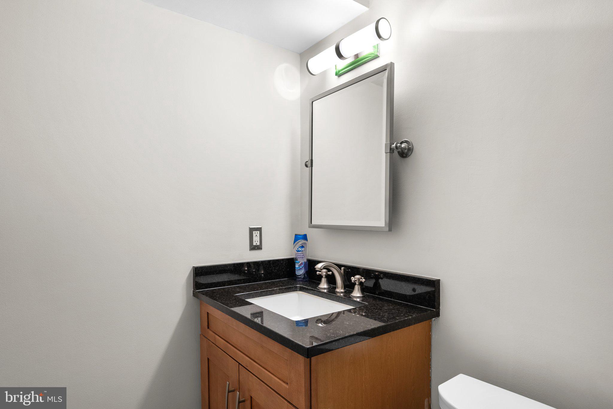 3106 Russell Road Alexandria, VA 22305 - Photo 49 of 62 a bathroom with a granite countertop sink and a mirror