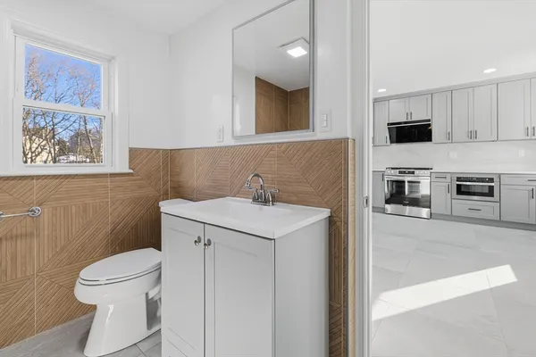 a bathroom with a sink a toilet and mirror
