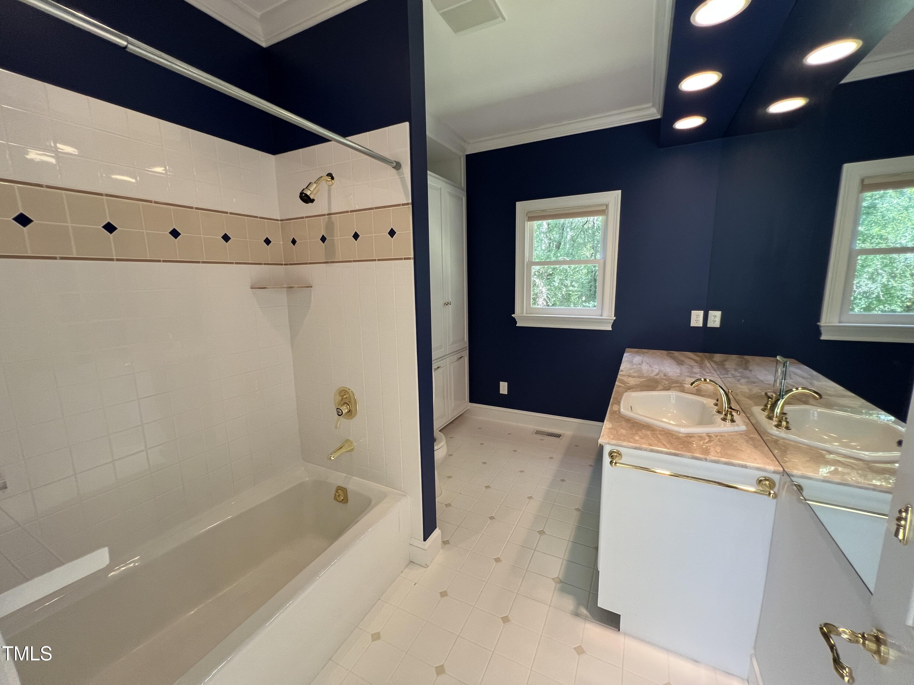 1208 Goodwin Road Apex, NC 27523 - Photo 34 of 42 a bathroom with a granite countertop sink a toilet and bathtub