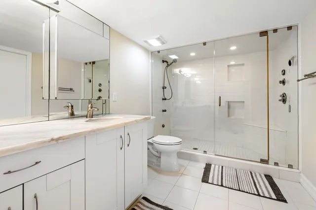 a bathroom with a sink a toilet and shower